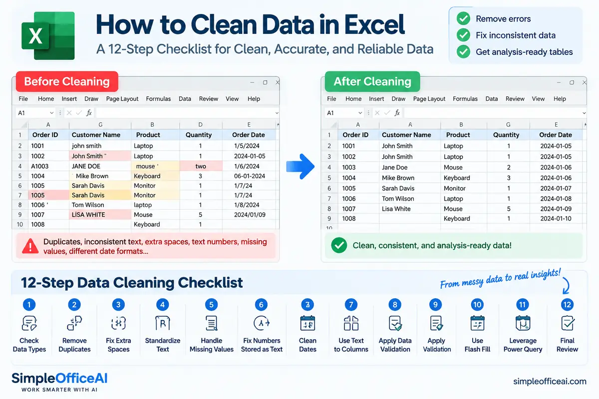 Before-and-after Excel customer data showing inconsistent values compared with a standardized cleaned dataset.