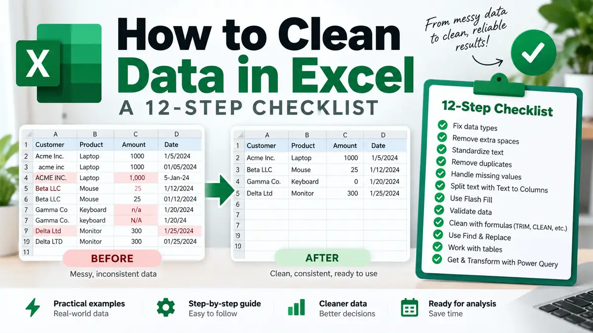 Excel data cleaning checklist covering source backup, structure, spaces, text, numbers, dates, blanks, duplicates, validation, error checks, and Power Query.