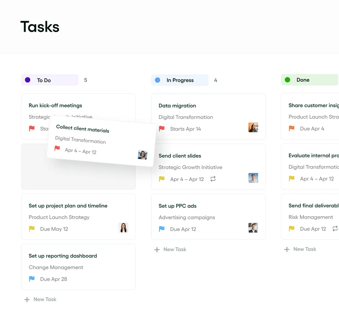 Official Bonsai task management interface showing a Kanban workflow for client projects.