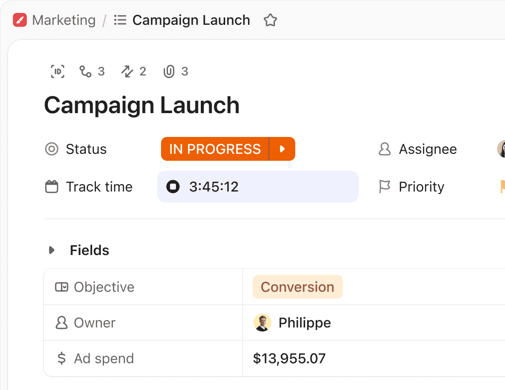 Official ClickUp interface showing time tracking connected to project tasks.