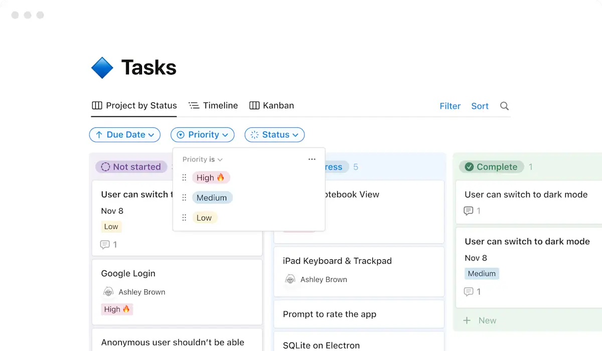 Official Notion project database shown in a Kanban-style project management view.