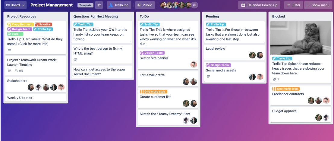 Official Trello project management board showing cards across workflow columns.