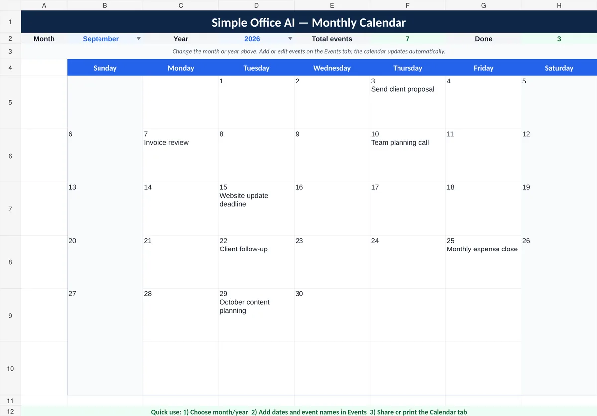 Google Sheets monthly calendar template with events, owners, and monthly totals