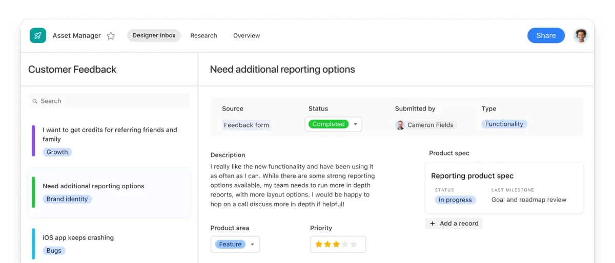 Official Airtable interface showing structured business data in a no-code workspace.