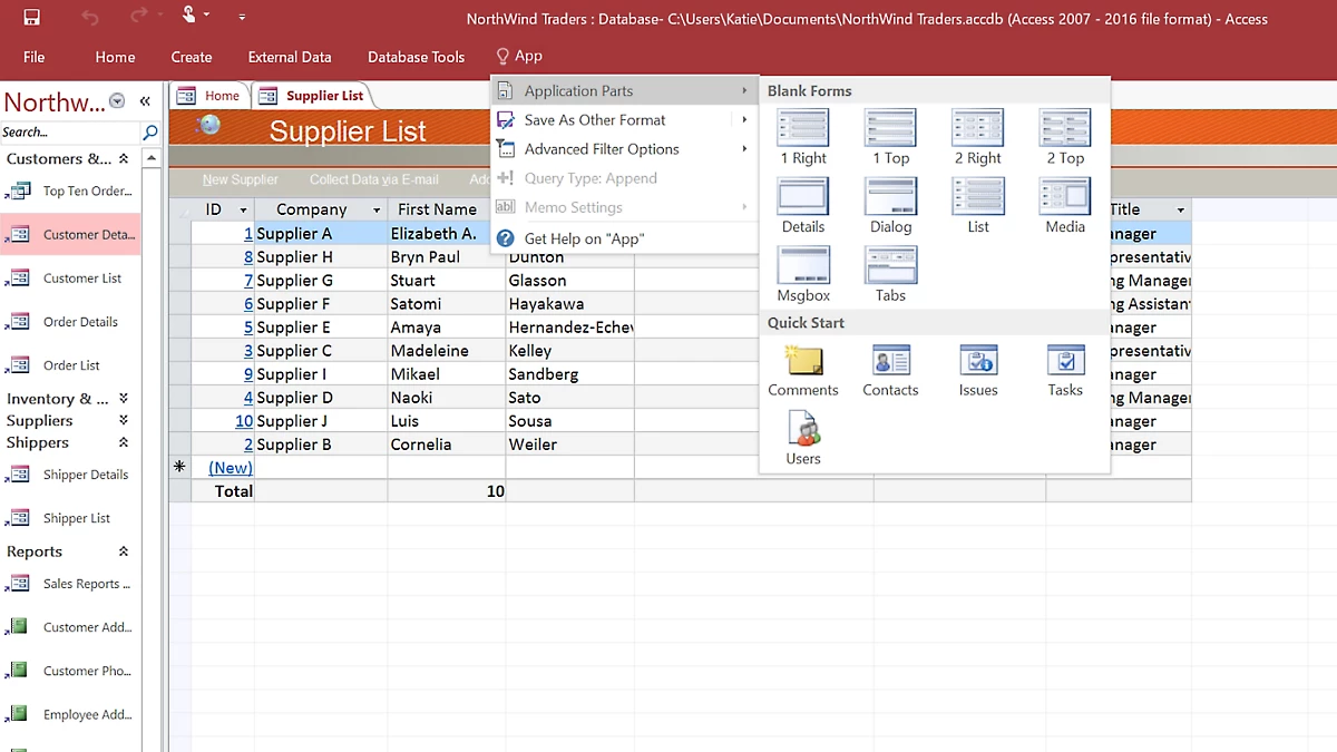 Official Microsoft Access interface showing a Supplier List database table.