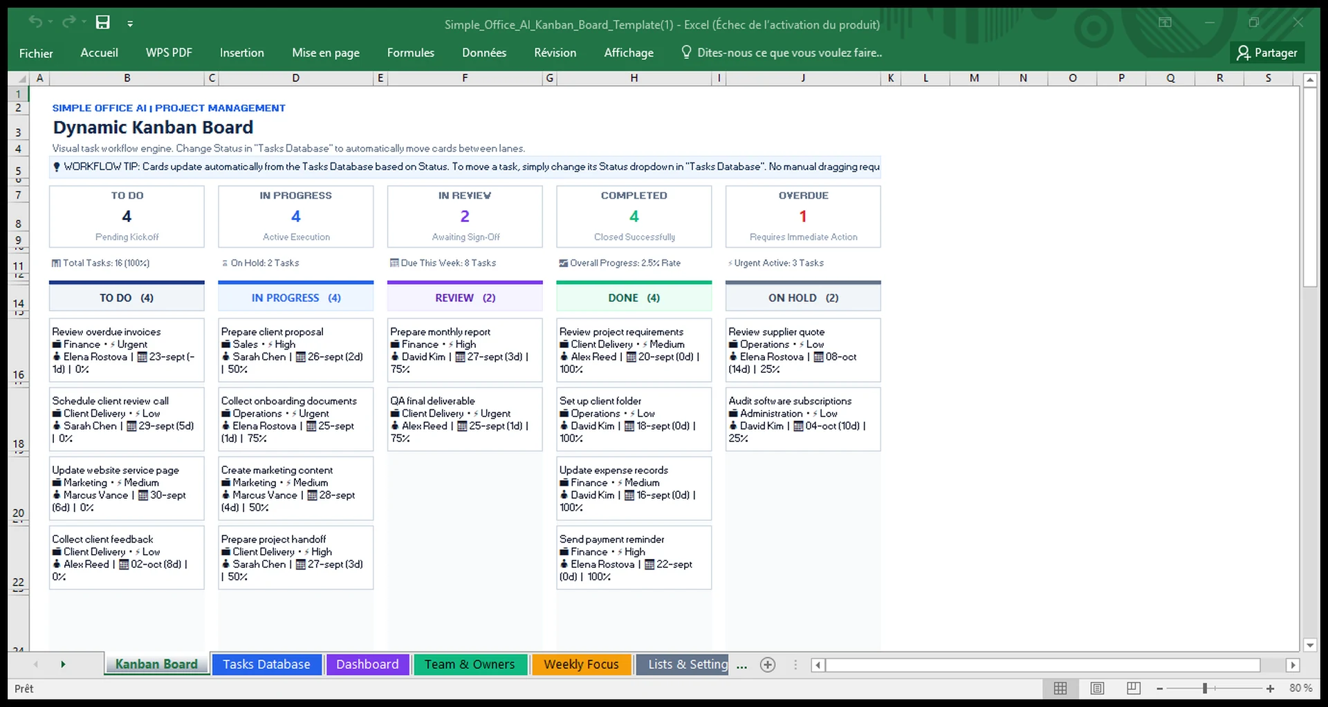 Excel Kanban board with task cards across To Do, In Progress, Review, Done, and On Hold lanes