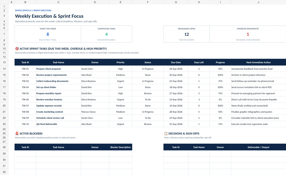 Excel Weekly Focus sheet showing active tasks, deadlines, priorities, progress, blockers, and decisions.