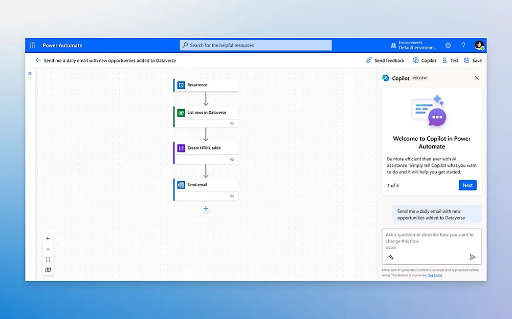 Microsoft Power Automate workflow designer showing a visual automation flow with connected steps.