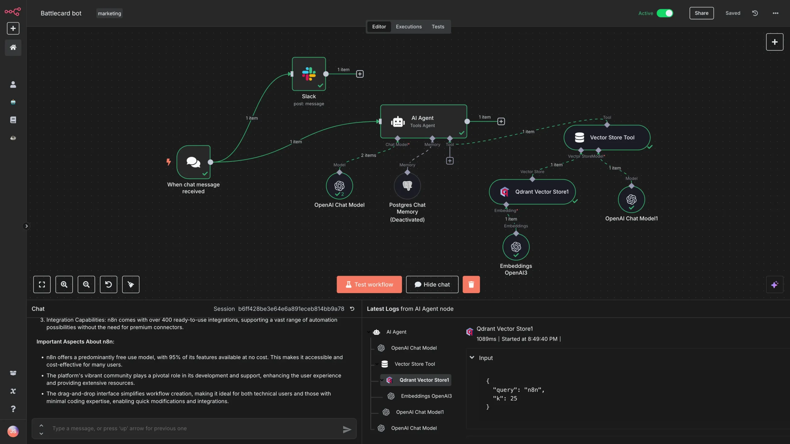 n8n workflow editor showing a visual automation with connected nodes and AI workflow components.