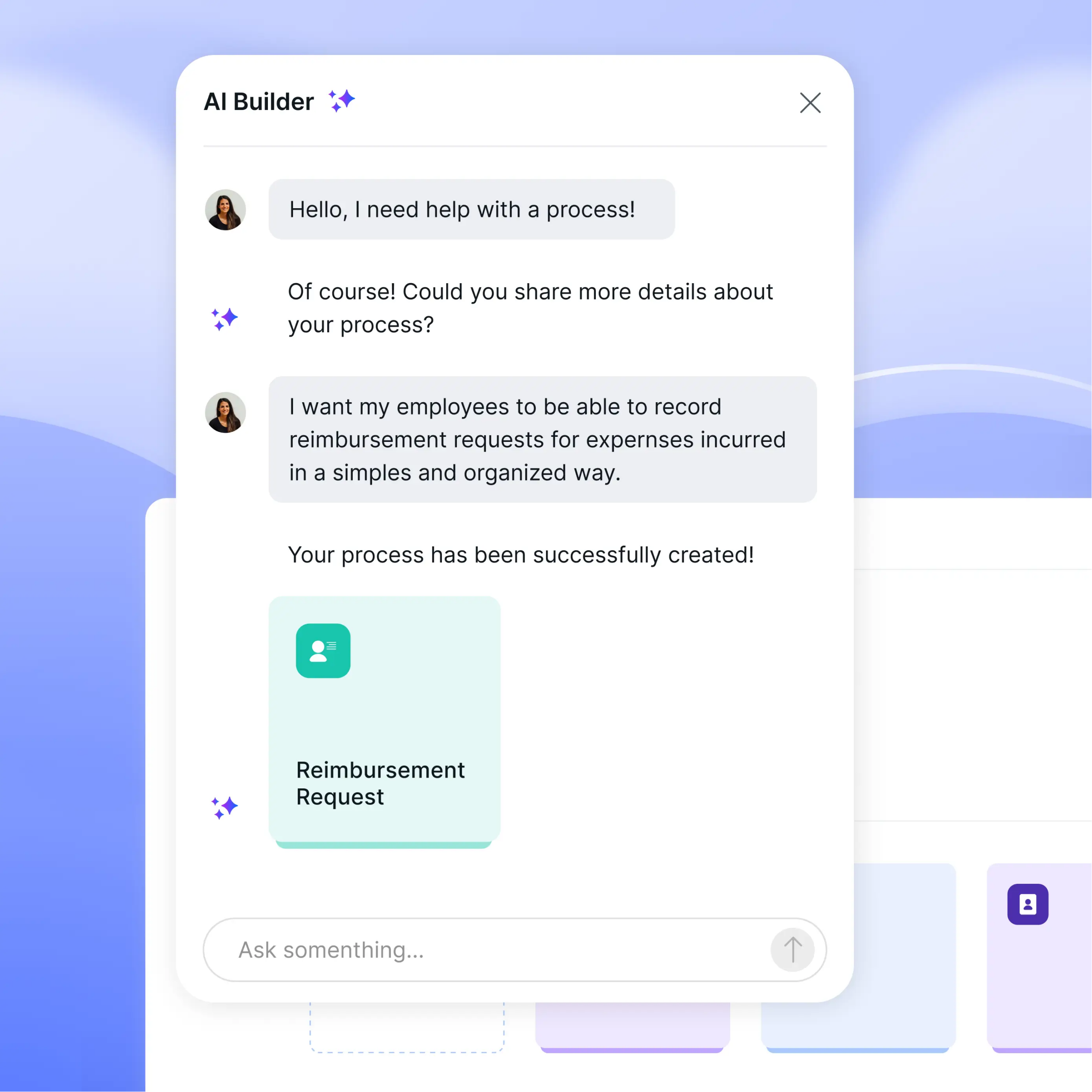 Pipefy AI Builder interface creating a structured business process from a natural-language request.