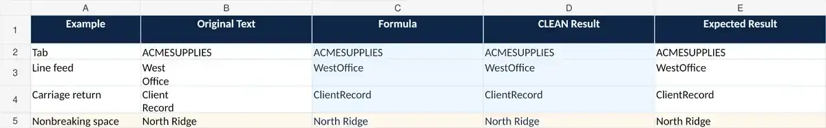 Workbook preview showing original text, a CLEAN formula, and its result.