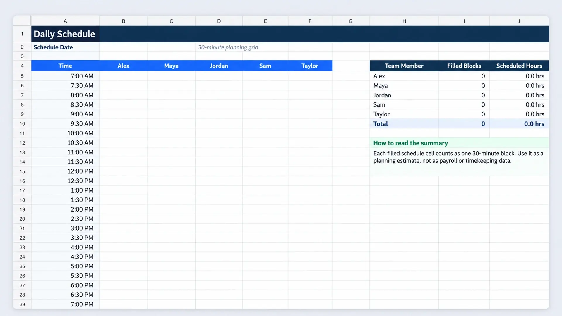 Google Sheets daily schedule template for small teams with time blocks, team members, and scheduled-hours summary