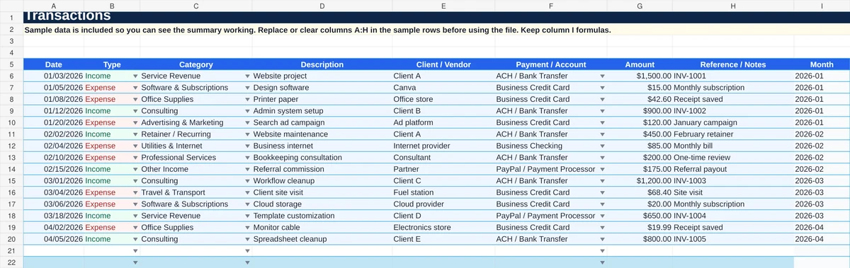 Small business accounting template transaction log with income, expenses, categories, payment accounts, and monthly labels