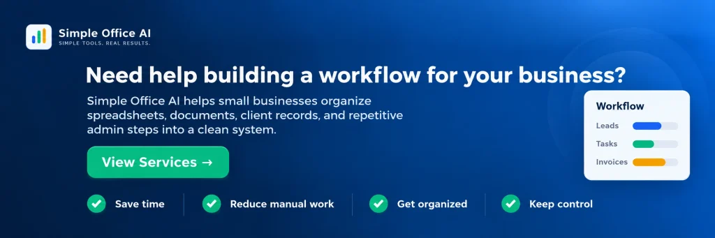 Simple Office AI call to action banner offering help to build a workflow for a small business
