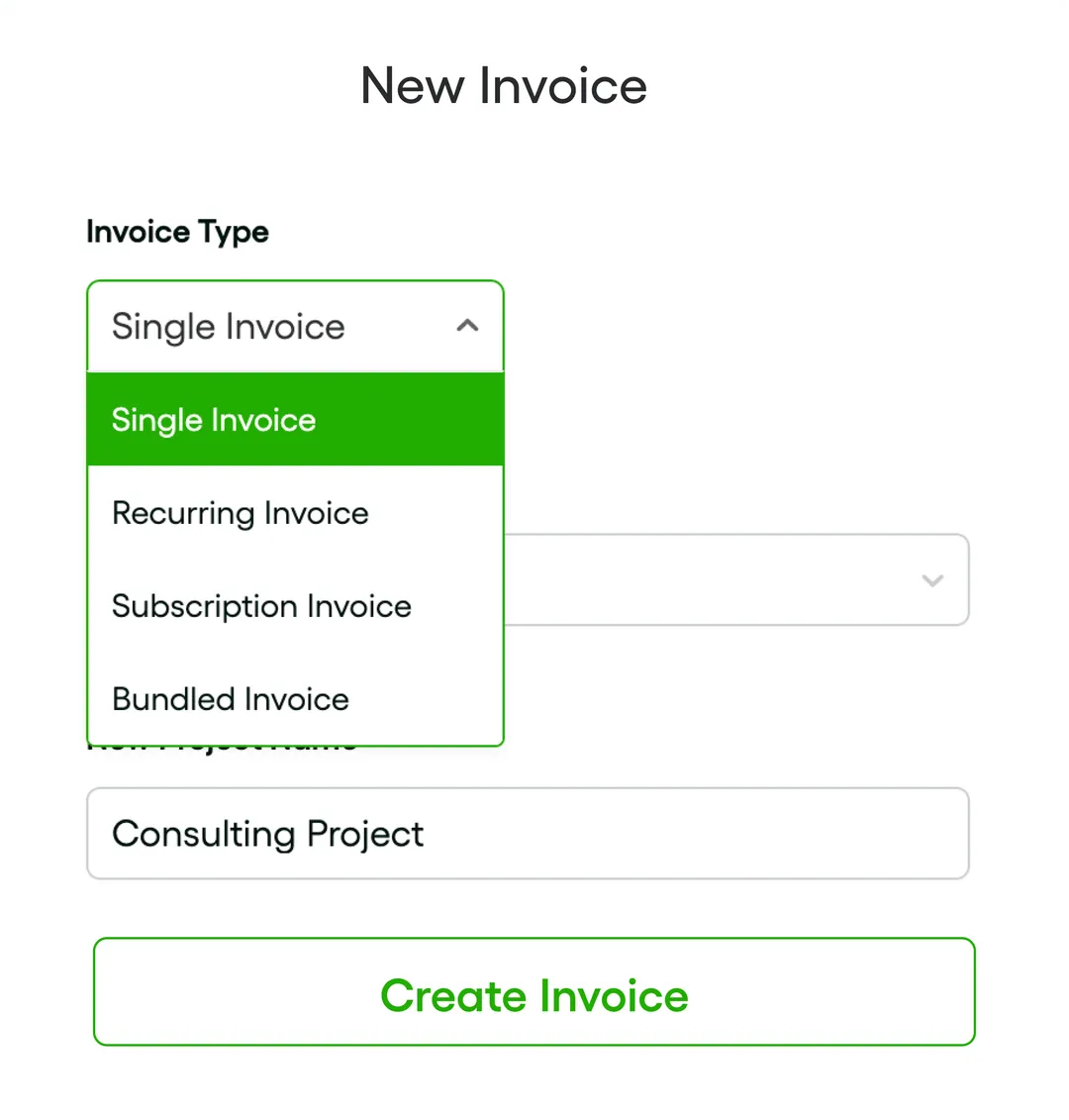 Official Bonsai invoicing interface showing the new invoice workflow