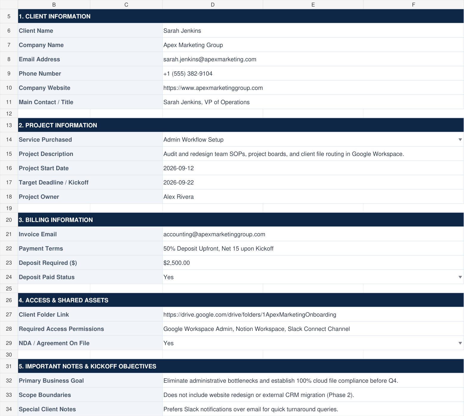 Client Intake Form from the workbook showing contact, project, billing, access, and kickoff notes.