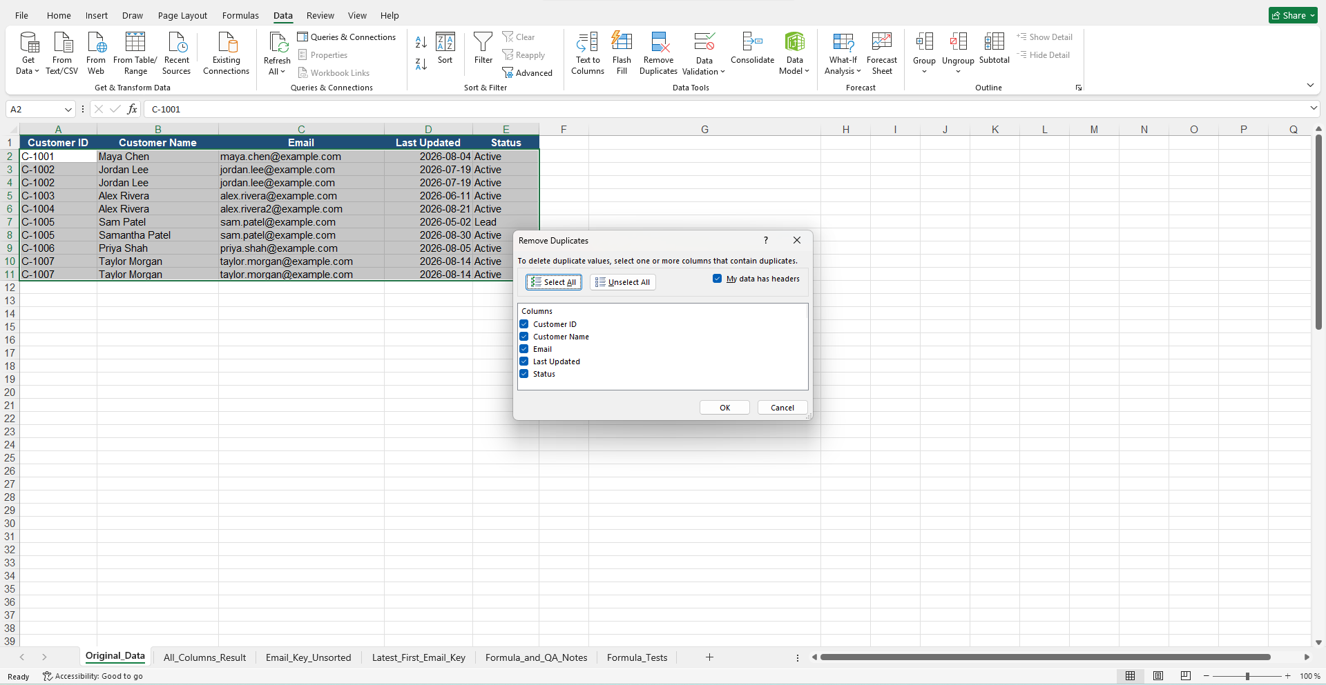 Excel Remove Duplicates dialog with all five columns selected