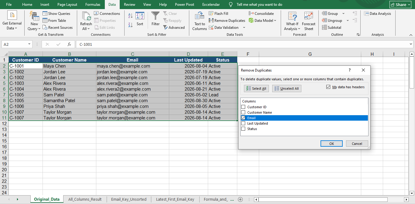 Excel Remove Duplicates dialog with only the Email column selected