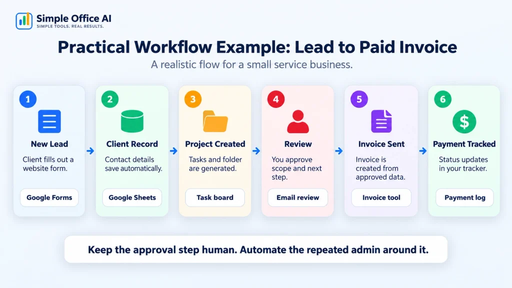 Example workflow from a new lead to a paid invoice, with client records, project setup, human review, invoicing, and payment tracking.