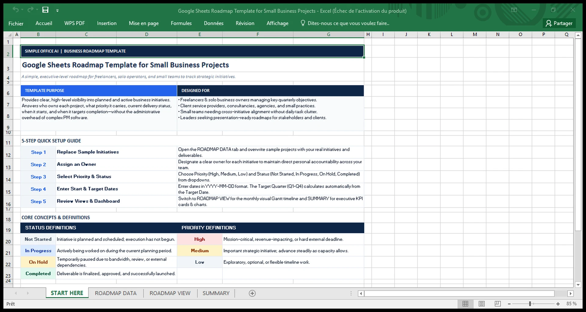Start Here instructions for the Google Sheets roadmap template