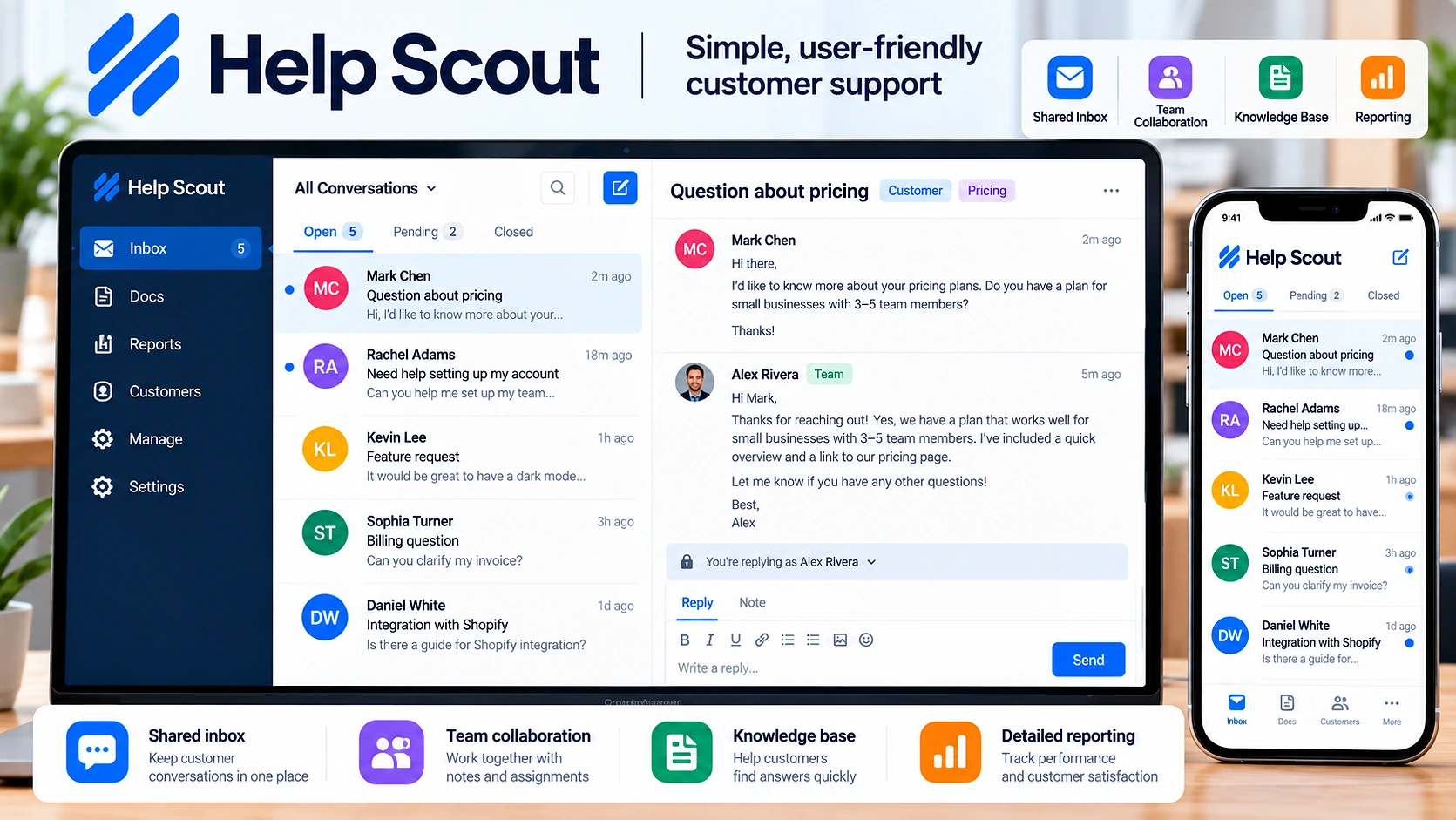Help Scout shared inbox interface for small business customer support