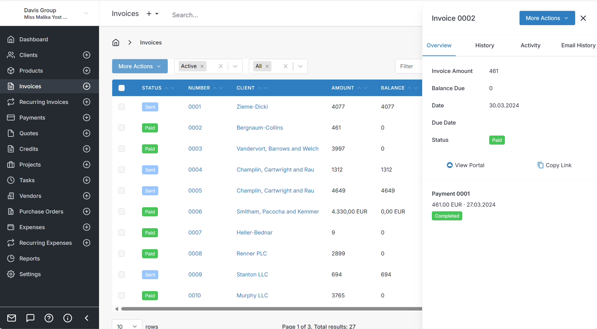 Official Invoice Ninja invoices screen with invoice statuses, balances, and overview panel