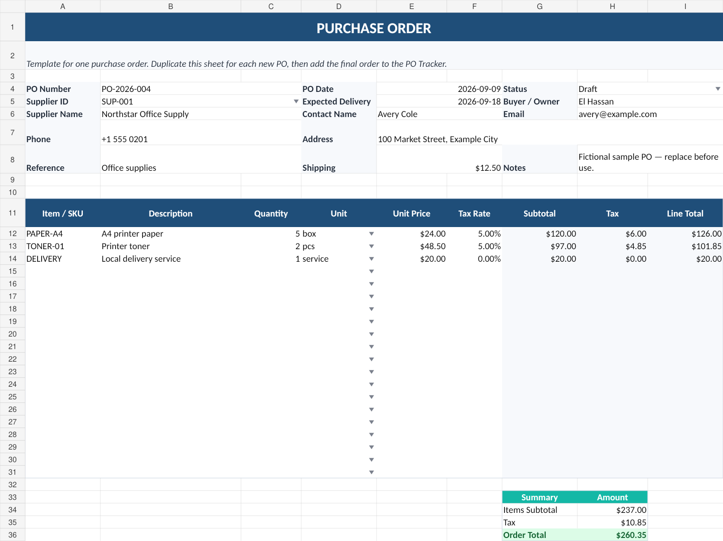Purchase order spreadsheet showing supplier details, line items, tax, shipping and order total