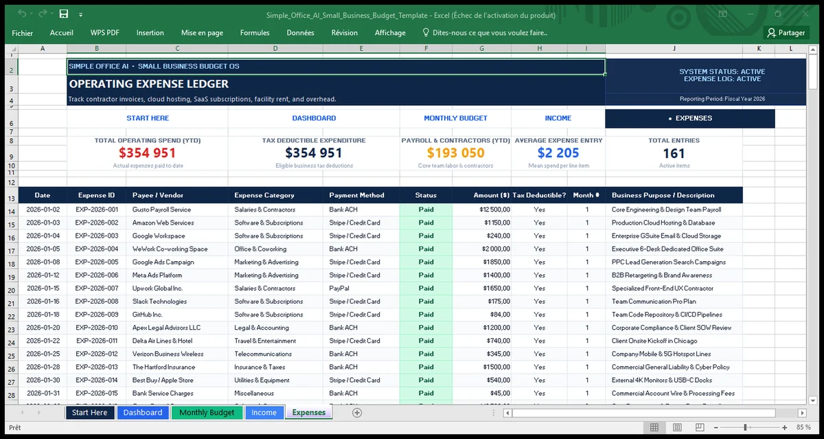 Expense ledger in the Small Business Budget Excel template