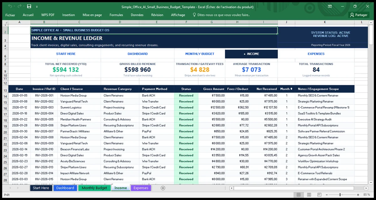 Income ledger in the Small Business Budget Excel template