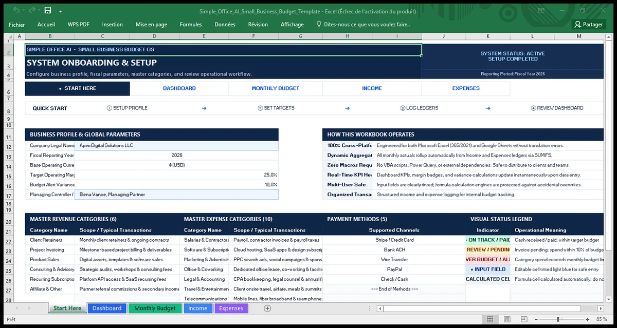 Start Here setup sheet in the Small Business Budget Excel template