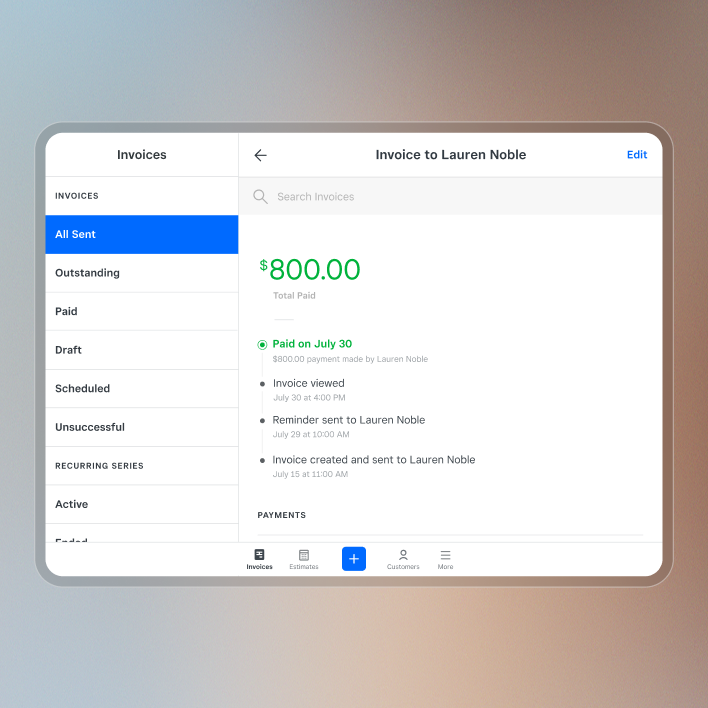 Official Square Invoices interface shown on Square's invoicing product page
