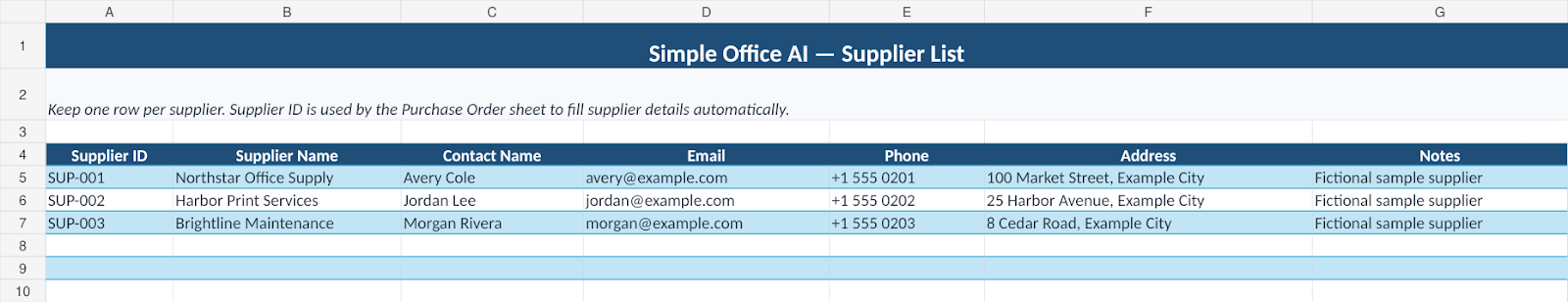 Supplier list showing supplier IDs, contacts, email, phone and address
