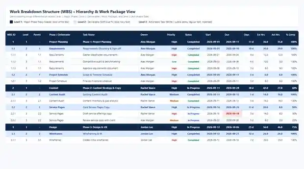 Work breakdown structure showing project phases, deliverables, and actionable tasks