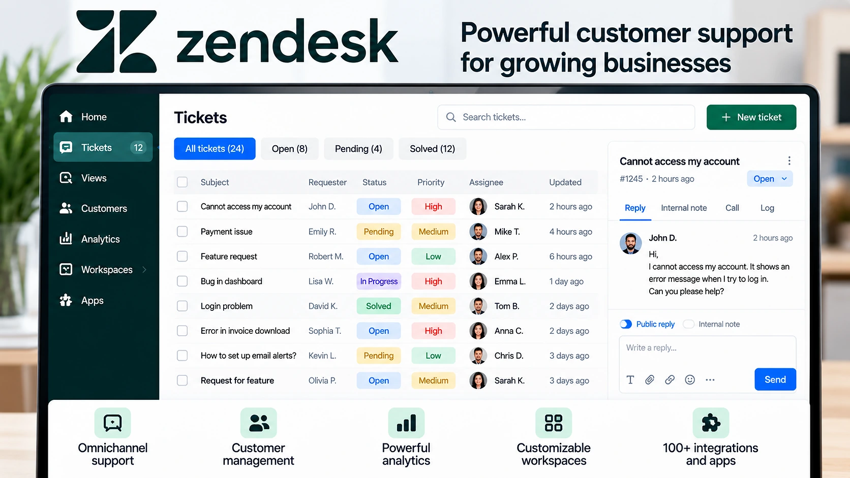 Zendesk help desk ticketing interface for small business