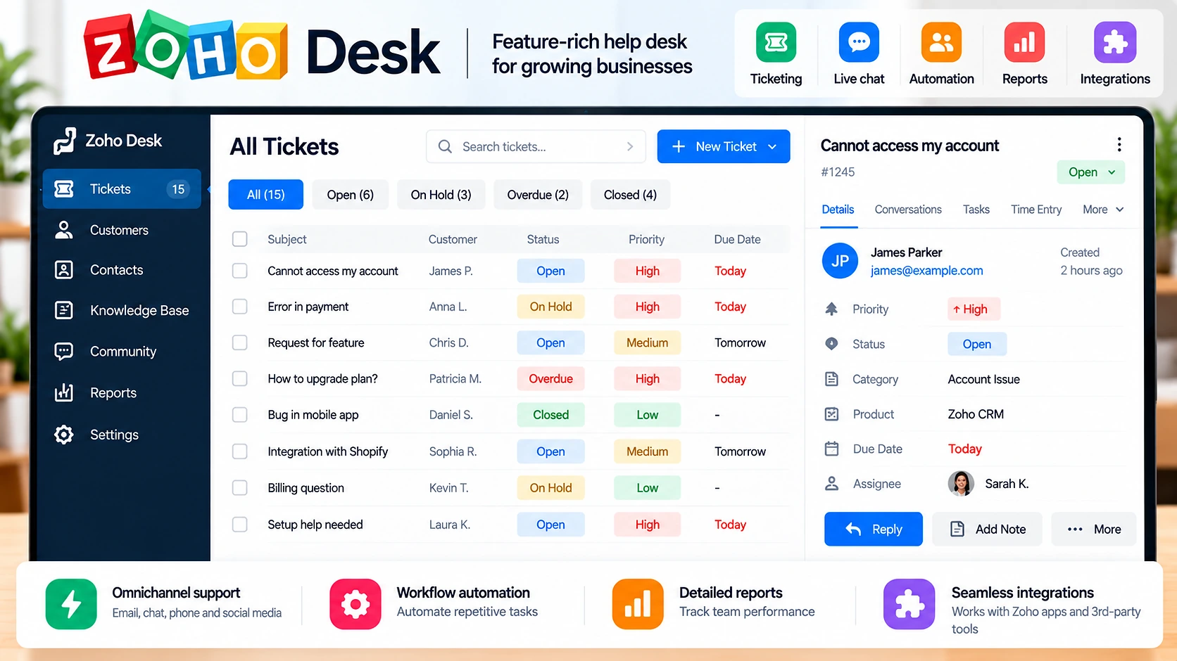 Zoho Desk ticket management interface for small business