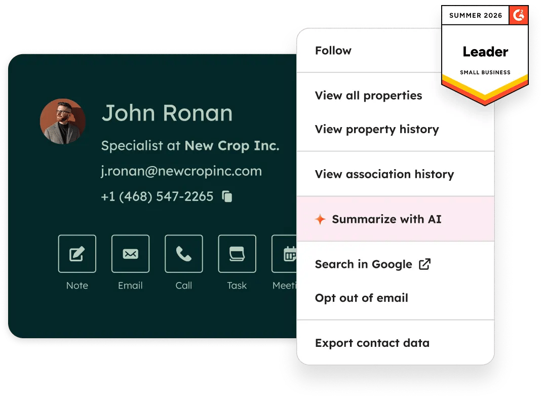 HubSpot CRM contact record interface shown on the official HubSpot website