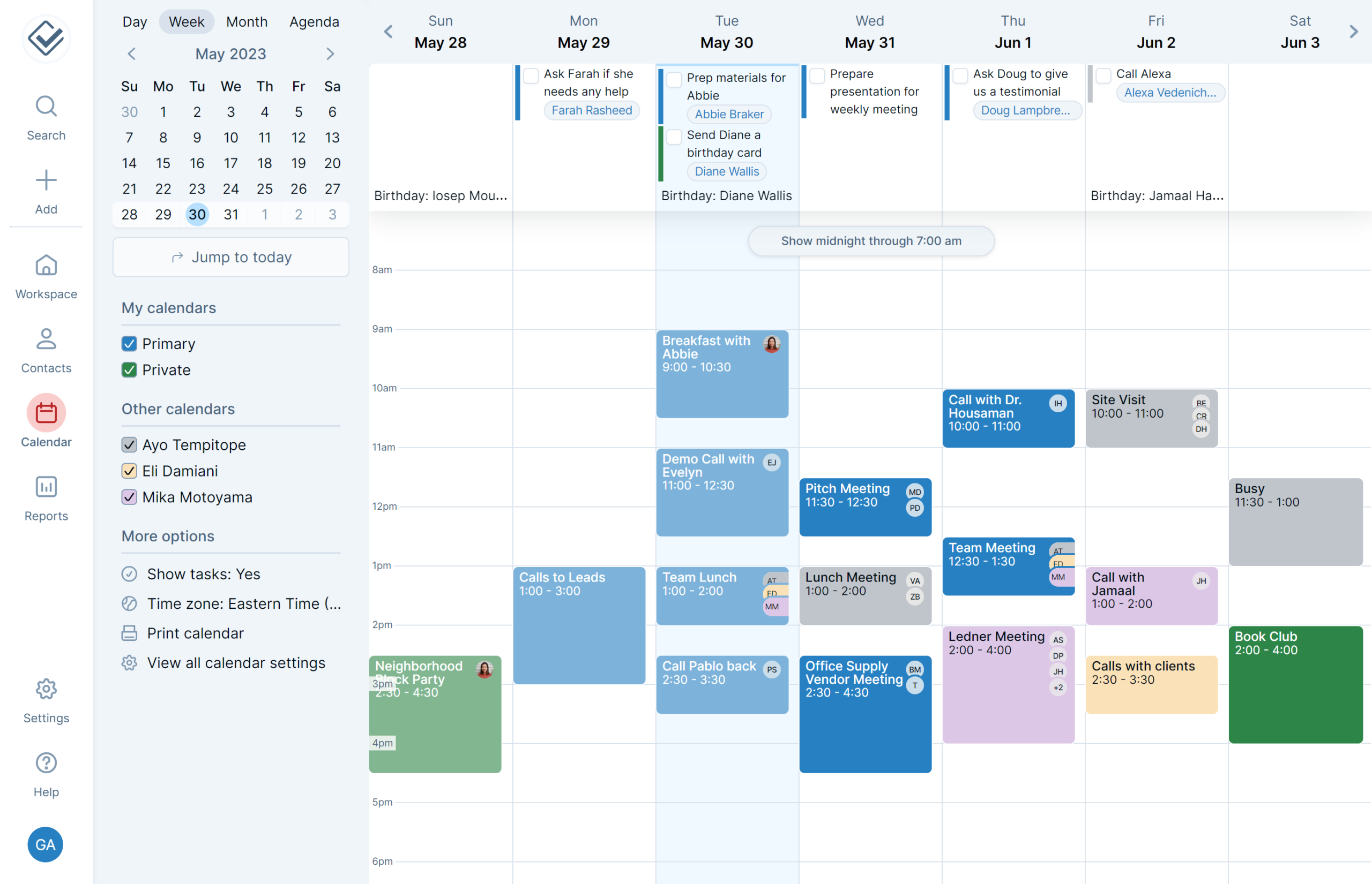 Less Annoying CRM weekly calendar showing tasks and appointments