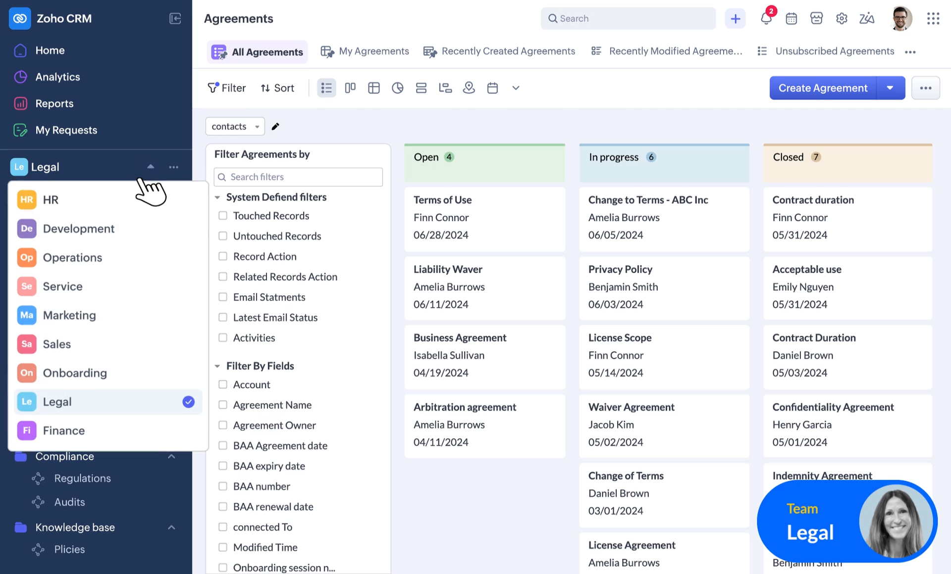 Zoho CRM agreements workflow board