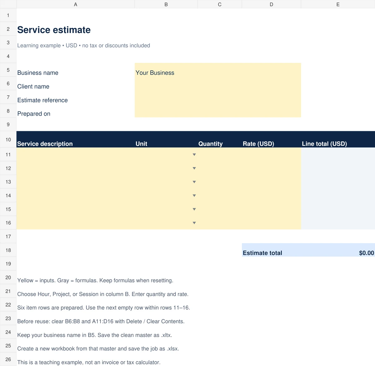 Clean service estimate master with blank client fields and input rows, retained formula cells, and a zero total