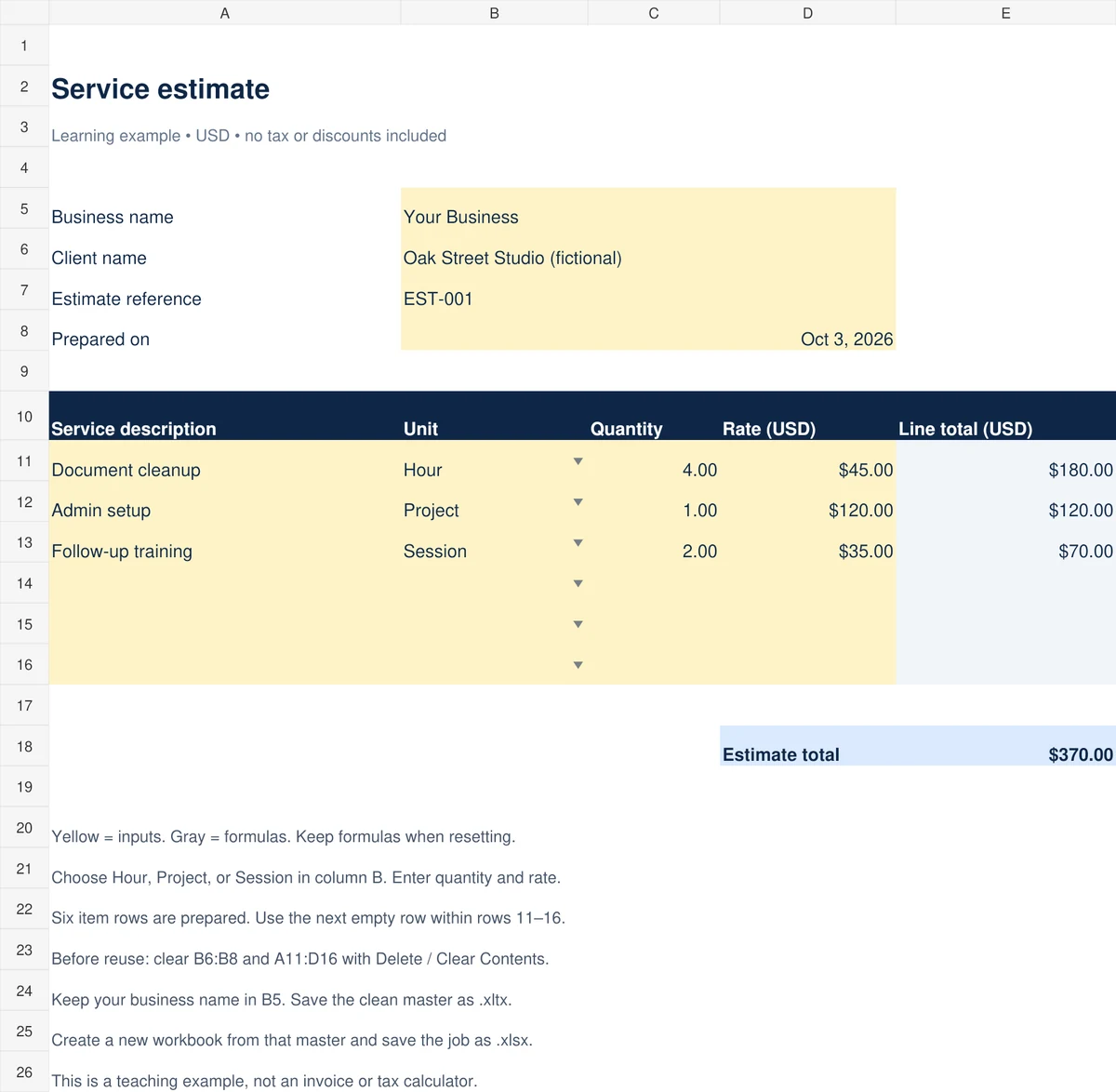 Populated service estimate workbook with yellow input cells, gray line totals, and a 370 dollar total