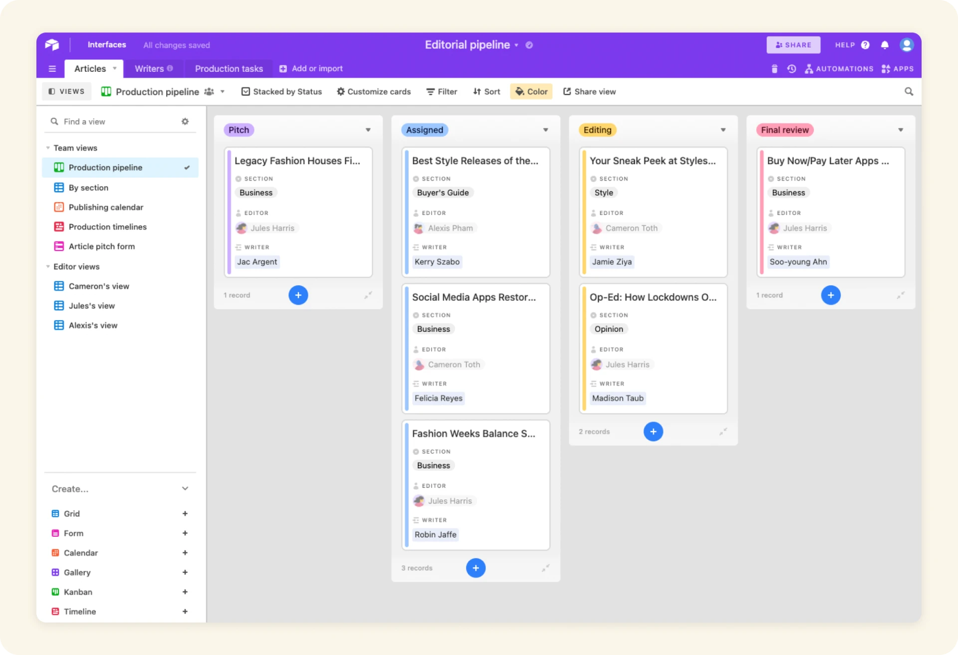 Airtable Kanban view showing records organized into workflow stages.