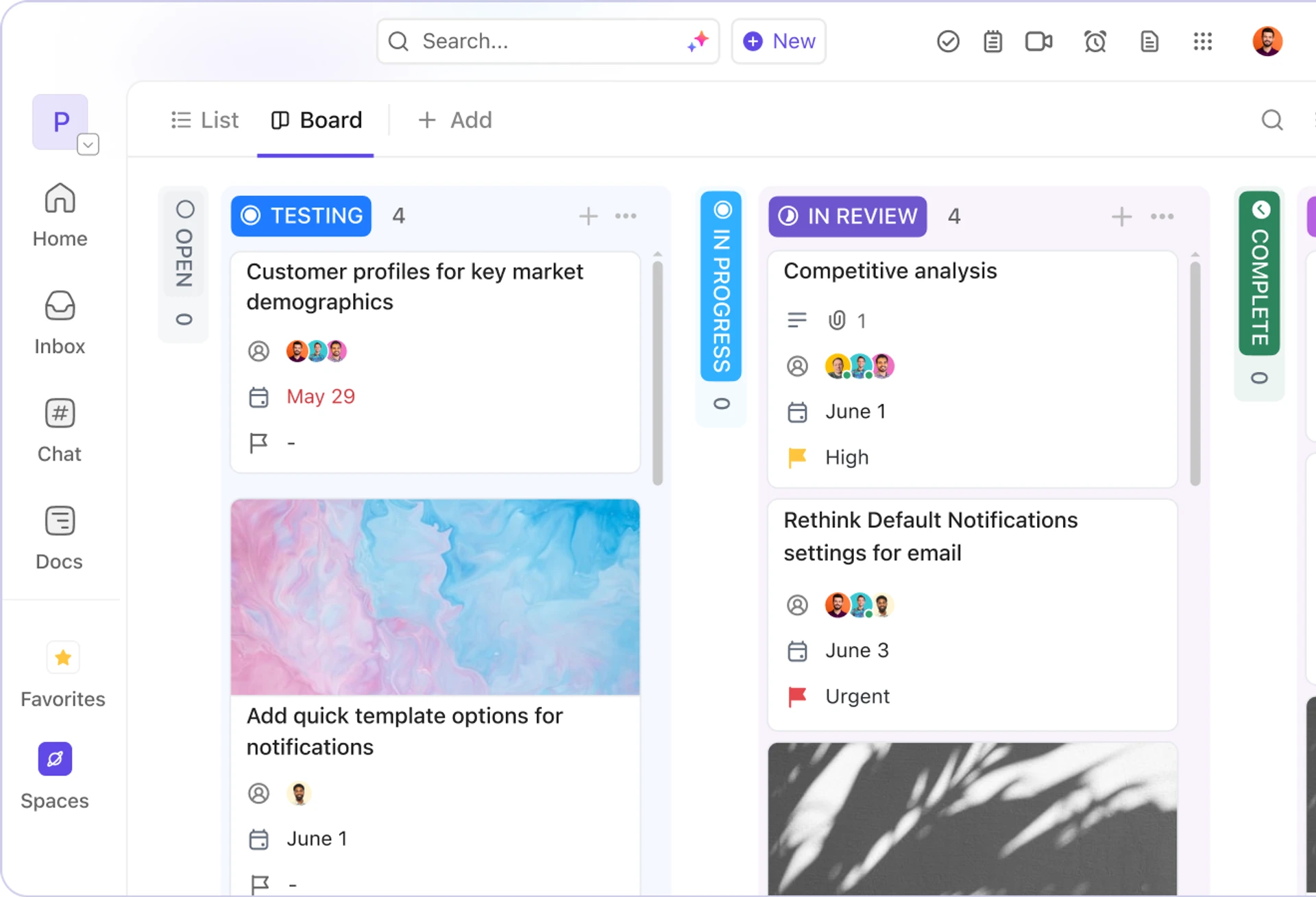 ClickUp Board view showing task cards organized by workflow status.