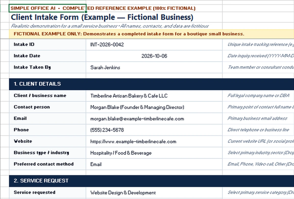 Fictional completed intake form for Timberline Artisan Bakery and Cafe showing client details and website design service