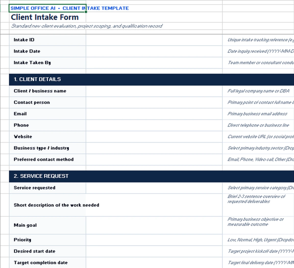Blank client intake form with contact details, service request, goals, priority, and date fields