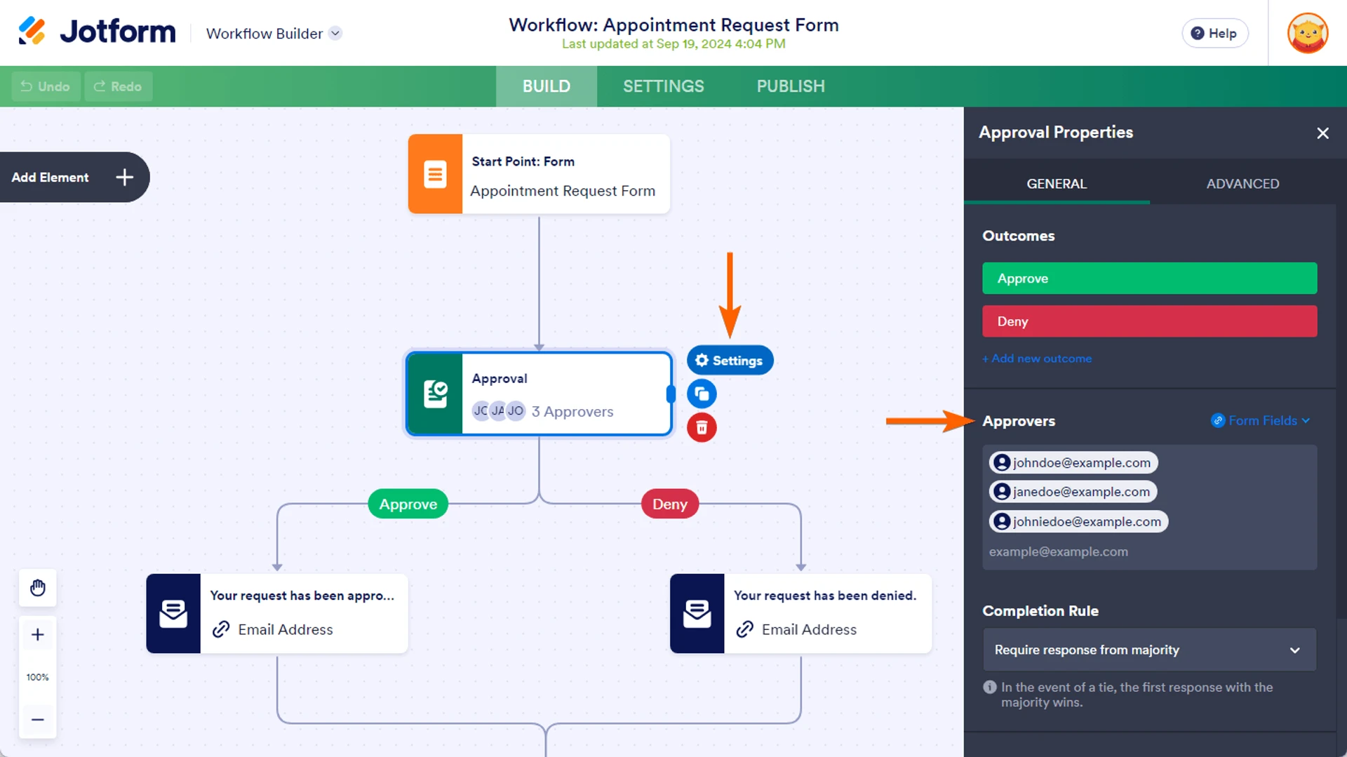 Jotform Workflows approval builder showing approver settings inside a workflow.