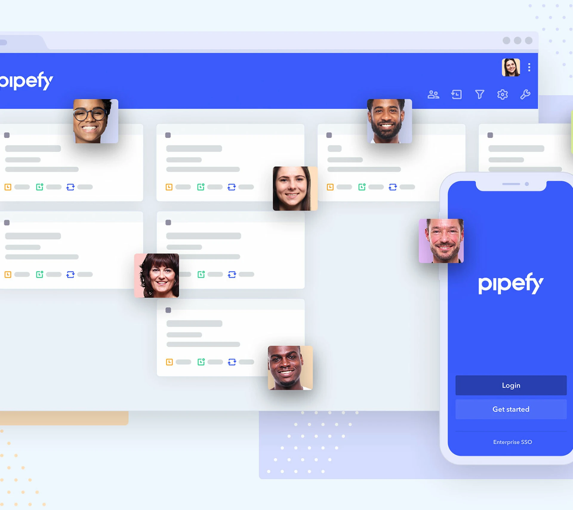 Pipefy workflow interface showing cards moving through a visual process board.
