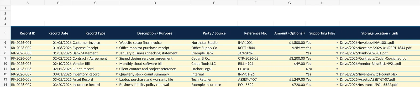 Small business records register with record type, description, reference number, supporting file, and storage location fields